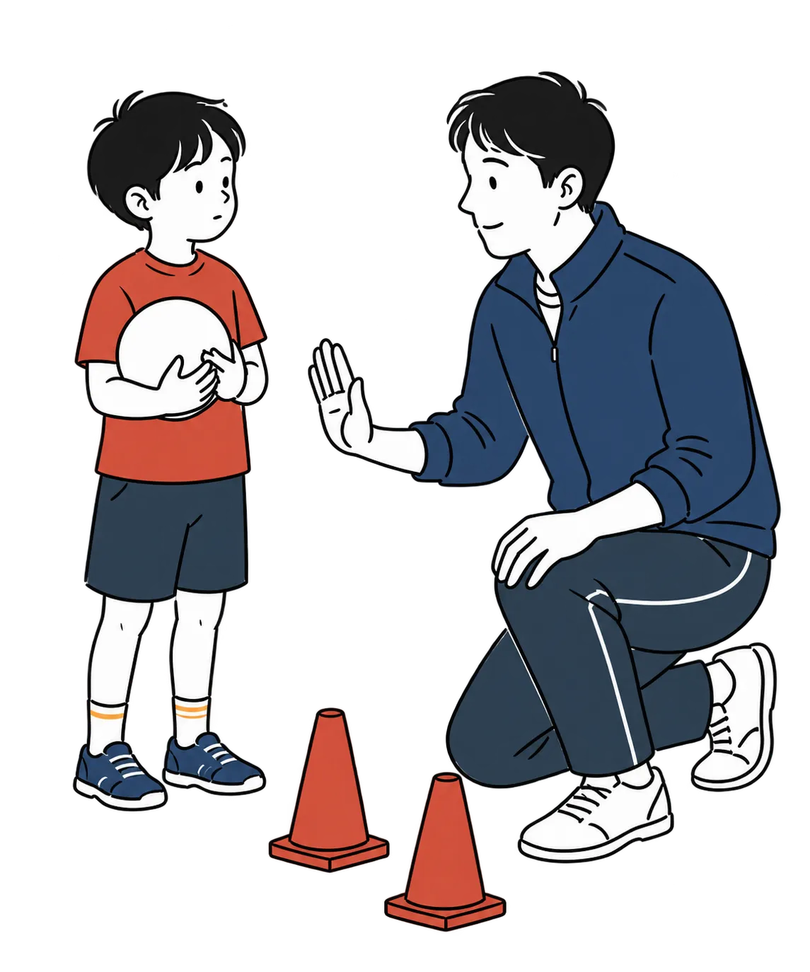 ボールを持つ子どもに、指導者が目線を合わせて説明するイラスト