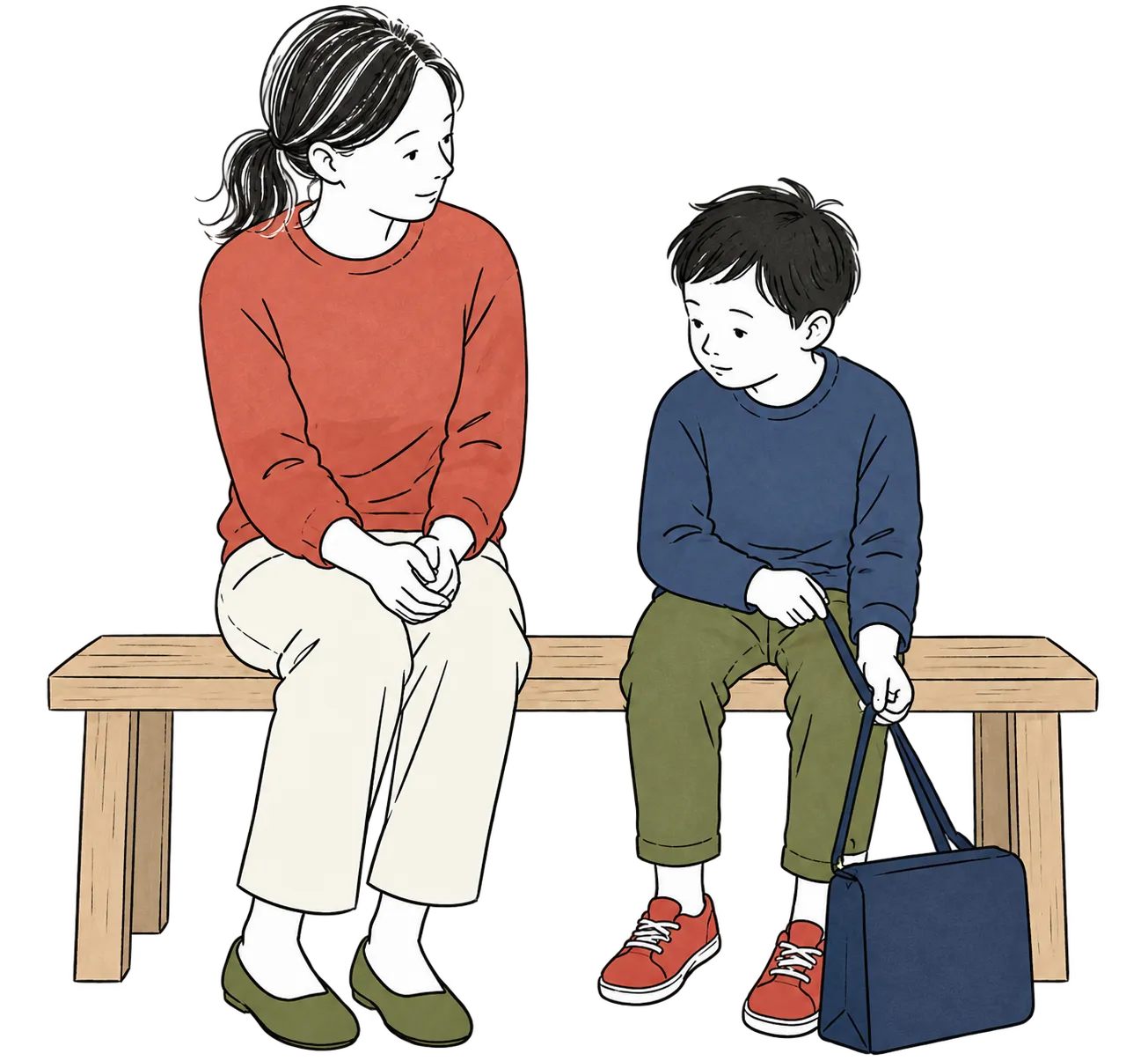 習い事のバッグを足元に置き、ベンチで静かに話す親子のイラスト