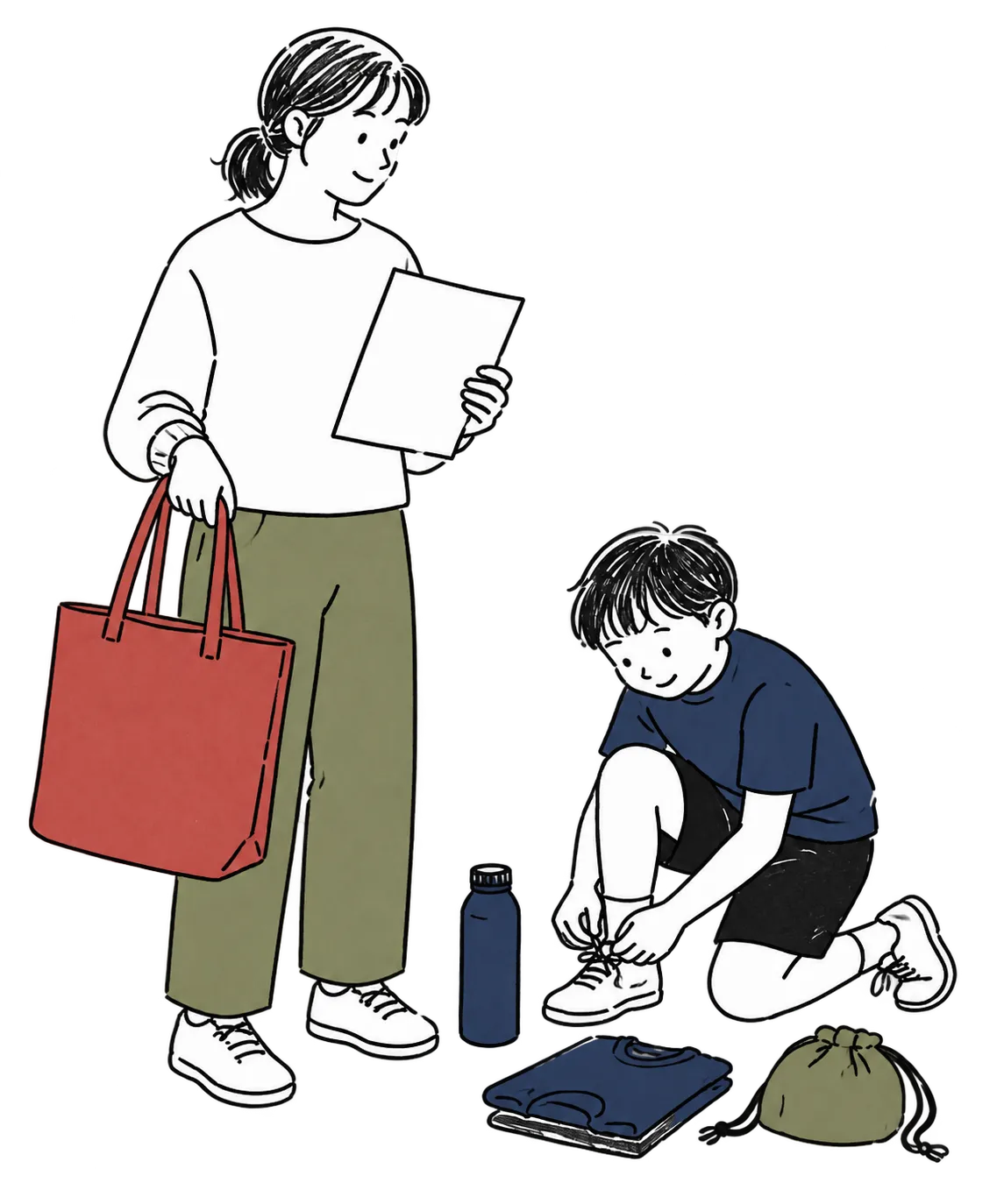教室の予定表と荷物を持つ保護者のそばで、子どもが靴ひもを結ぶイラスト
