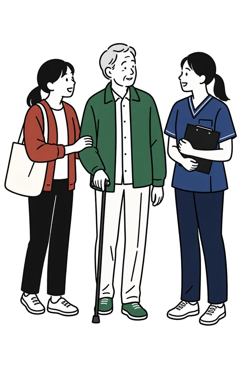 高齢者が訪問介護員と訪問看護師へ自宅での支援を相談するイラスト