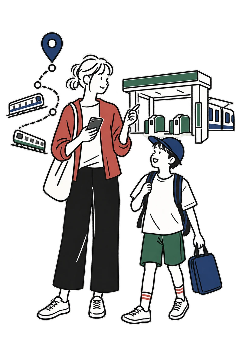駅前で保護者と子どもが教室までの経路を確認するイラスト