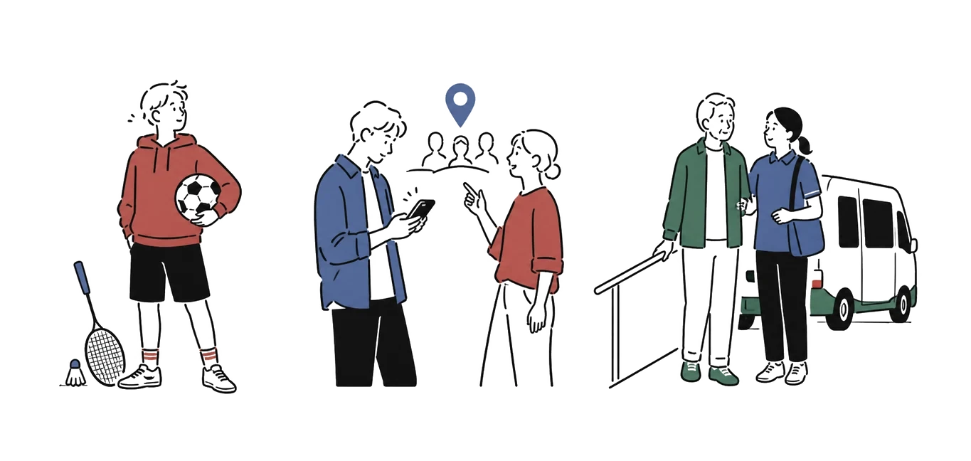 スポーツ、地域活動、介護サービスを探す様子のイラスト