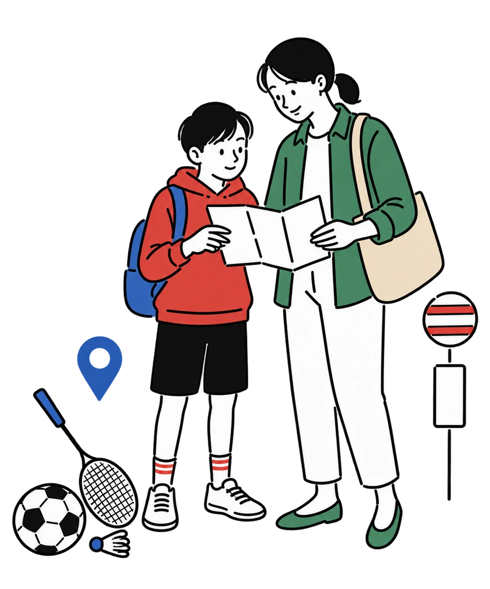 地域の活動やサービスを案内図で探す親子のイラスト